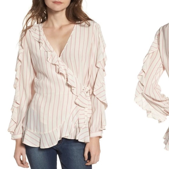 Leith Ruffle Striped Long Sleeve Wrap Tie Blouse - Picture 1 of 10